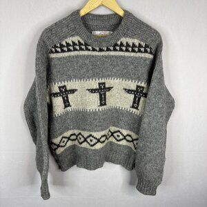 Vintage Brown Bison Cowichan Style Wool Sweater Women’s L Gray Canada Totem Pole